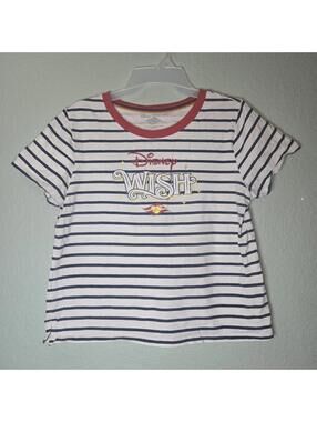 Disney Cruise Line DCL Navy Blue Stripes Short Sleeve Shirt Size M Women